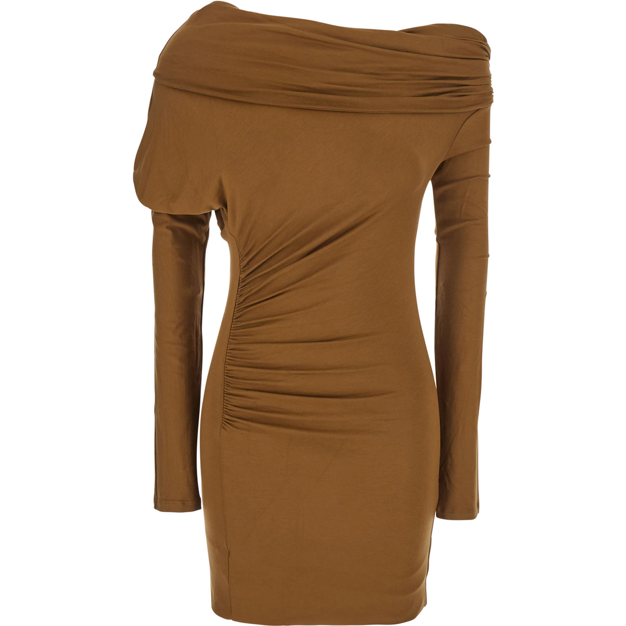 Zoe Beige Dress with Asymmetrical Design and Draped Detail in Fabric Woman