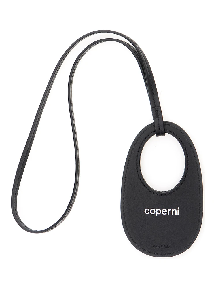 Black Charm with Built-In Mirror and Logo Lettering on the Front in Leather Woman