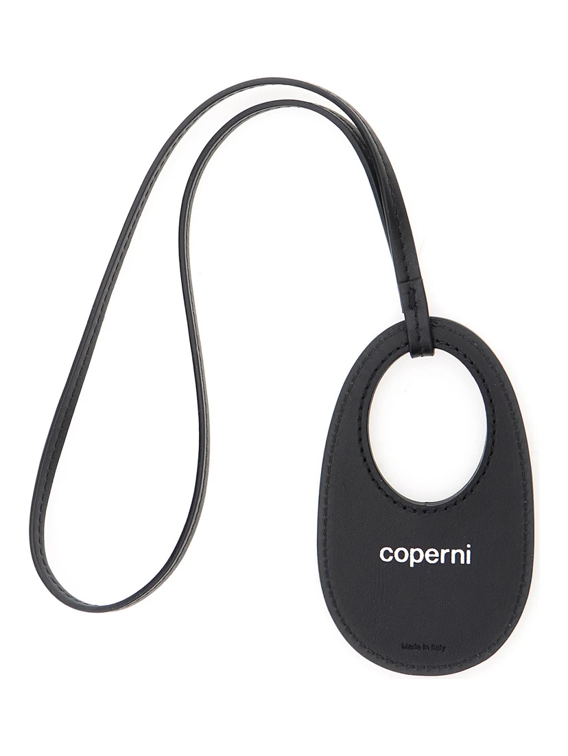 Black Charm with Built-In Mirror and Logo Lettering on the Front in Leather Woman