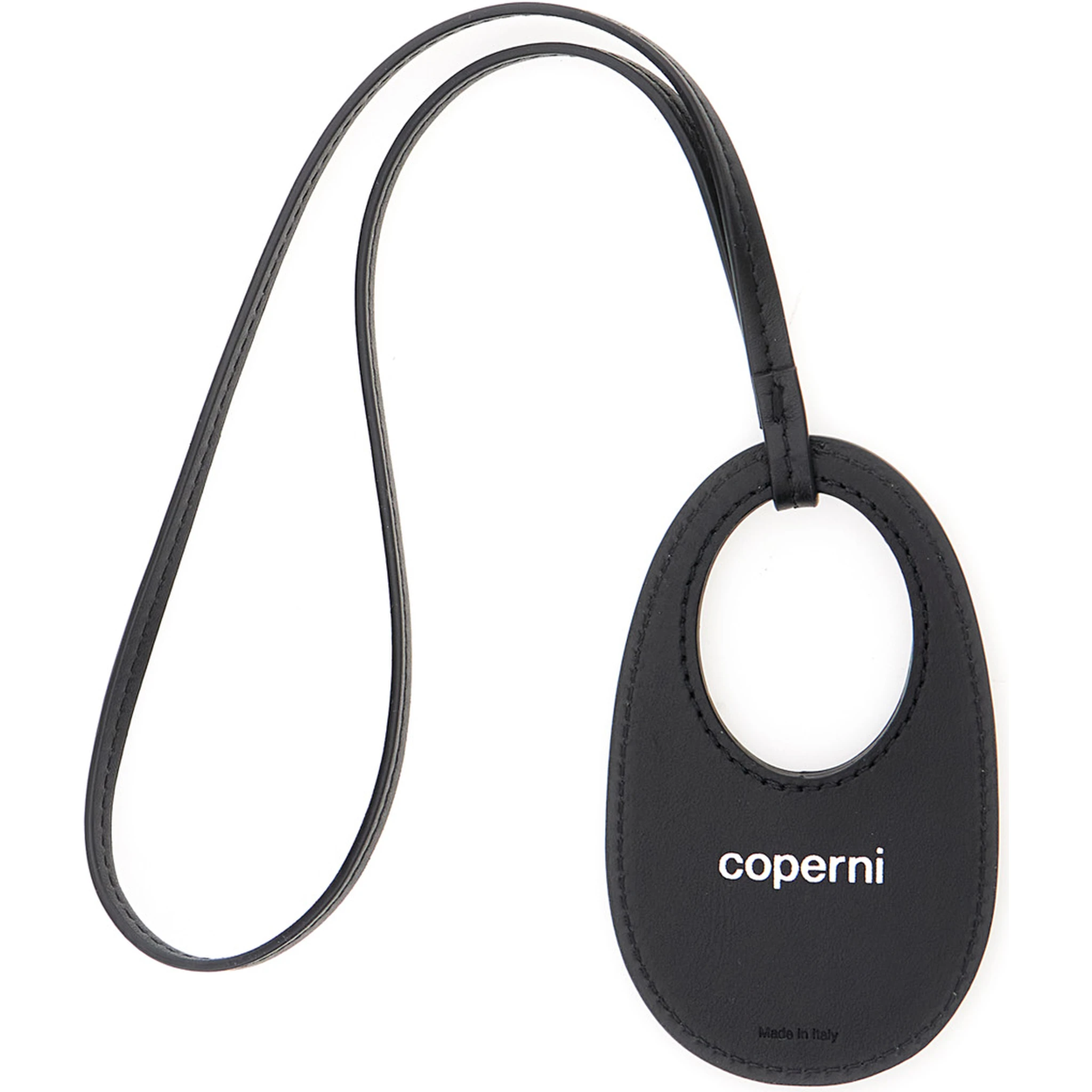 Black Charm with Built-In Mirror and Logo Lettering on the Front in Leather Woman