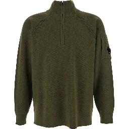 Green Turtleneck Sweater with Logo Plaque on the Sleeve in Wool Man