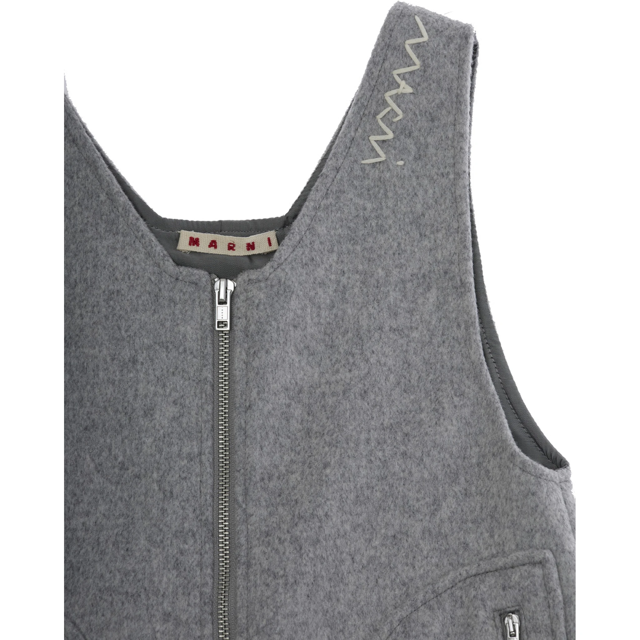 Grey Sleeveless Dress with Logo Embroidery on the Front in Wool Blend Girl