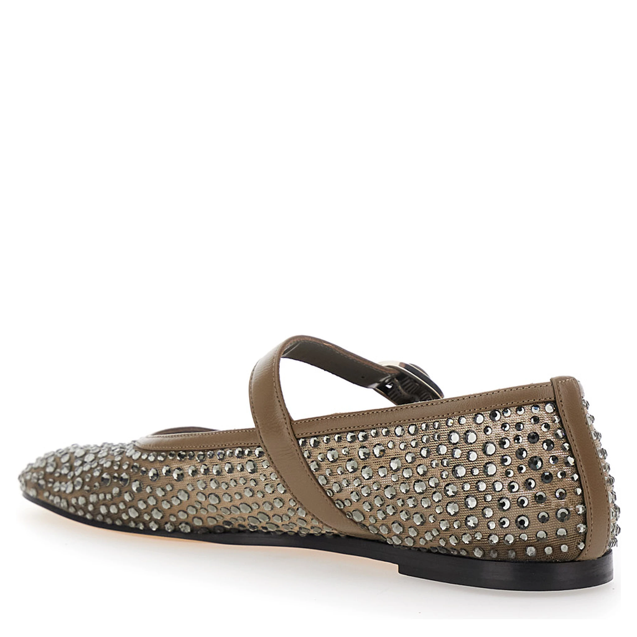 Mary Jane Metallic Ballet Flats with Strap and All-Over Beading in Fabric Woman