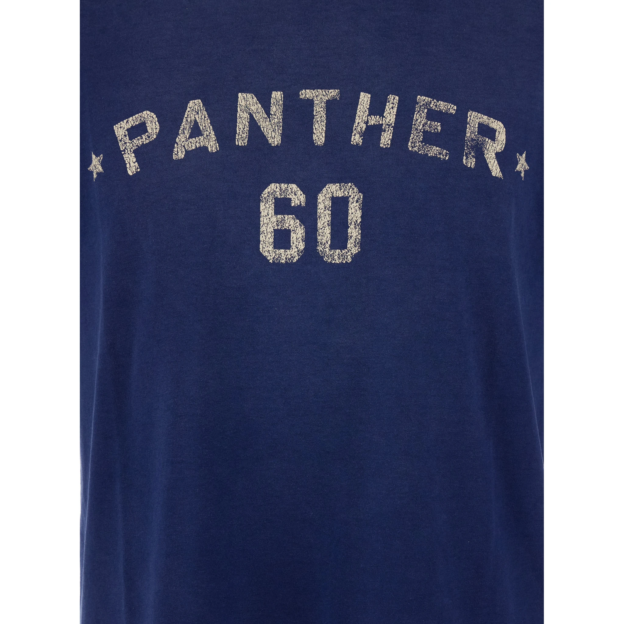 تيشيرت أزرق برقبة دائرية وشعار مطبوع على الظهر، مصنوع من القطن الرجالي