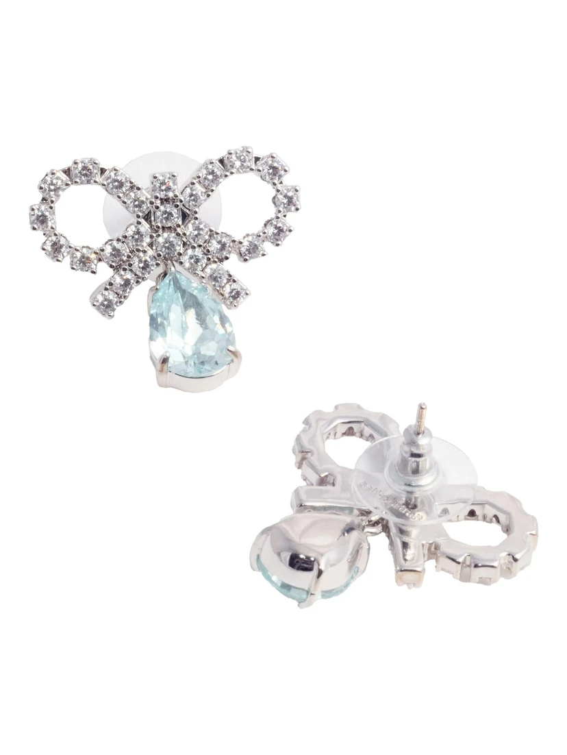 Blue Earings with Bow Charm and Pendent Droplet Detail in Brass Blend Woman