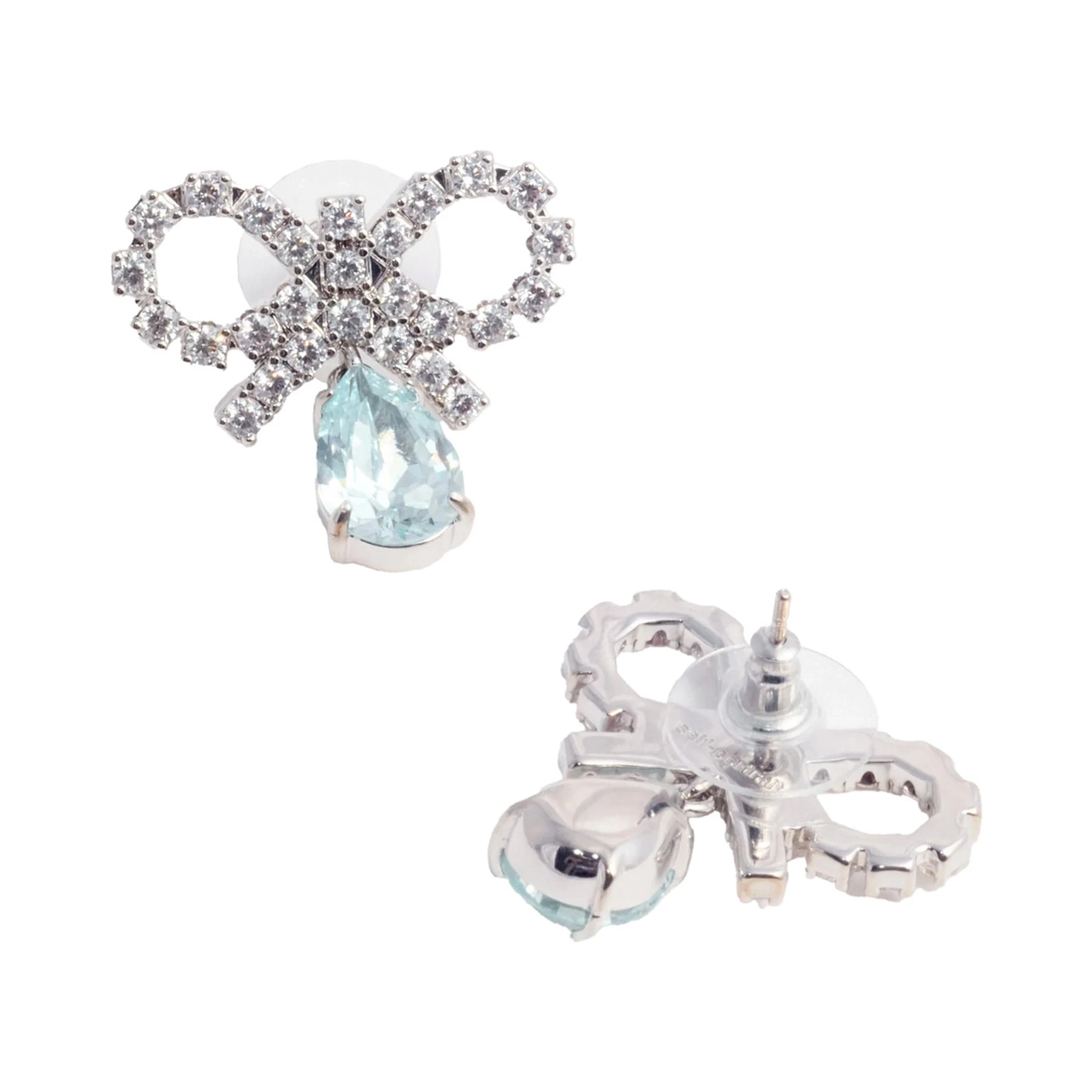 Blue Earings with Bow Charm and Pendent Droplet Detail in Brass Blend Woman