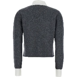 Grey Cropped Cardigan with Contrasting Classic Collar and Two Front Patch Pockets in Wool Blend Woman