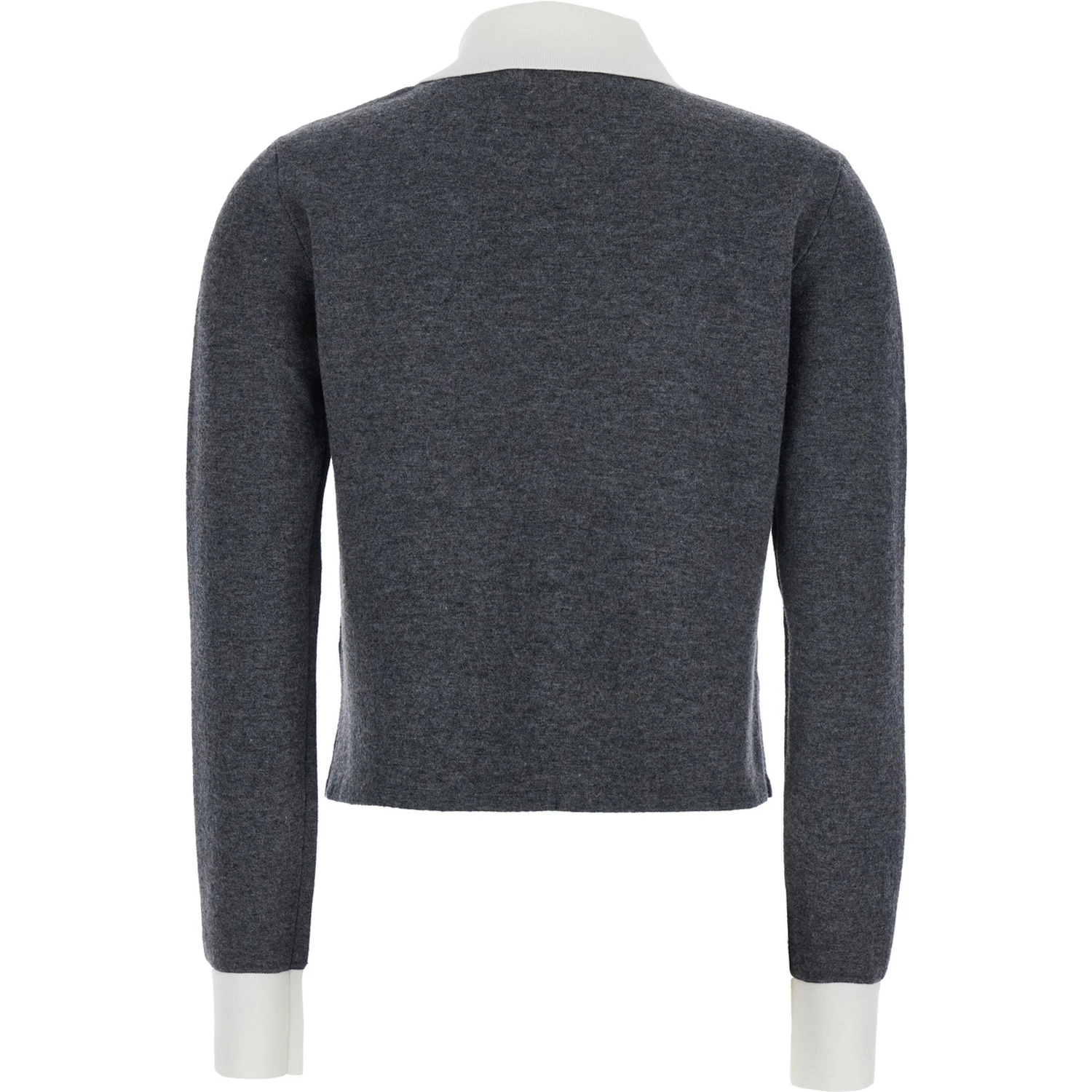 Grey Cropped Cardigan with Contrasting Classic Collar and Two Front Patch Pockets in Wool Blend Woman
