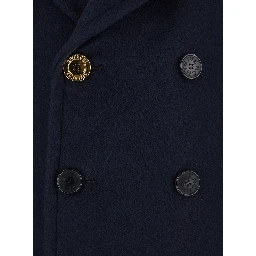 Blue Coat with Wide Lapels and Logoed Buttons in Wool Man