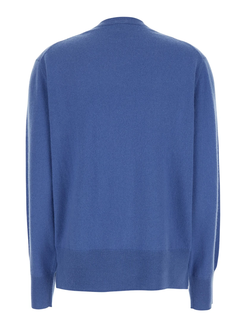 Blue Crewneck Sweater with Dropped Shoulders and Logo Embroidered on the Sleeve in Cashmere Woman