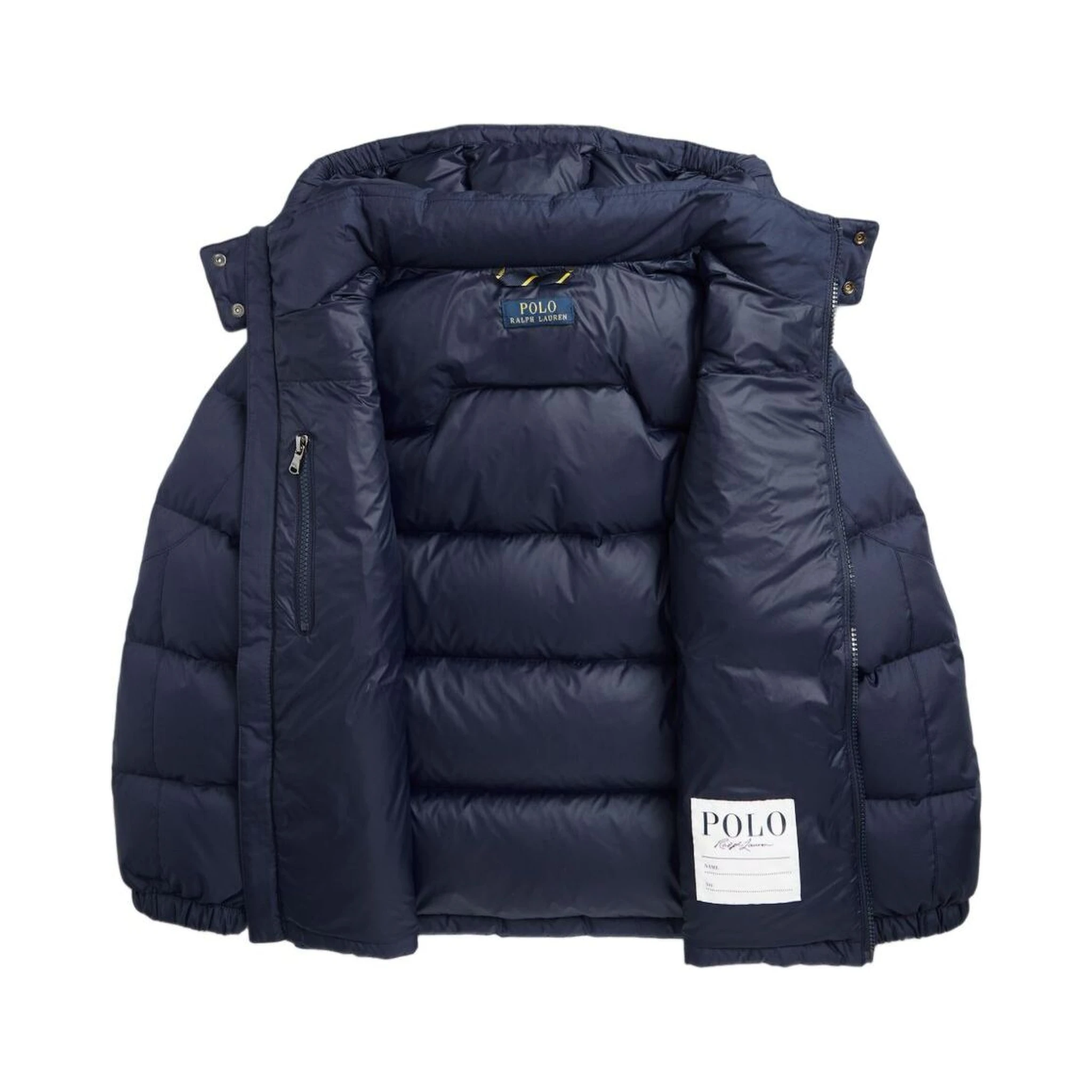 Blue Down Jacket with Fixed Hood and Pony Logo on the Front in Tech Fabric Boy