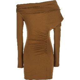 Zoe Beige Dress with Asymmetrical Design and Draped Detail in Fabric Woman
