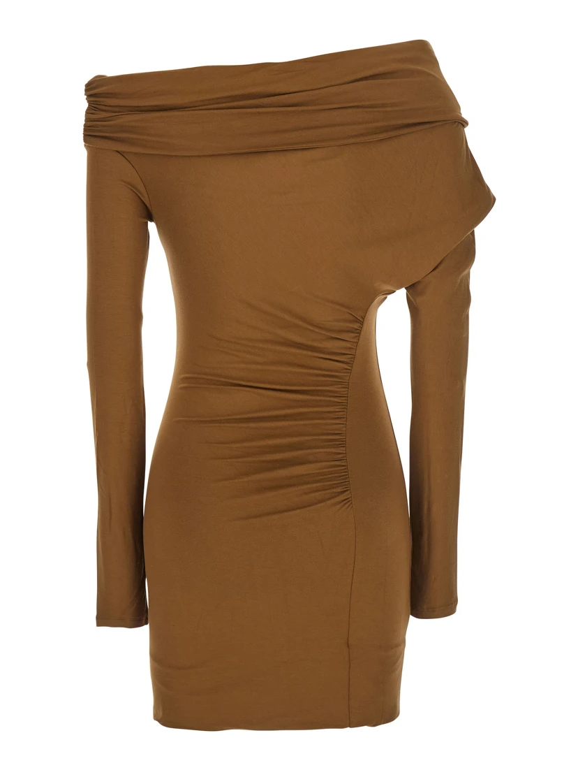 Zoe Beige Dress with Asymmetrical Design and Draped Detail in Fabric Woman