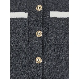 Grey Cropped Cardigan with Contrasting Classic Collar and Two Front Patch Pockets in Wool Blend Woman