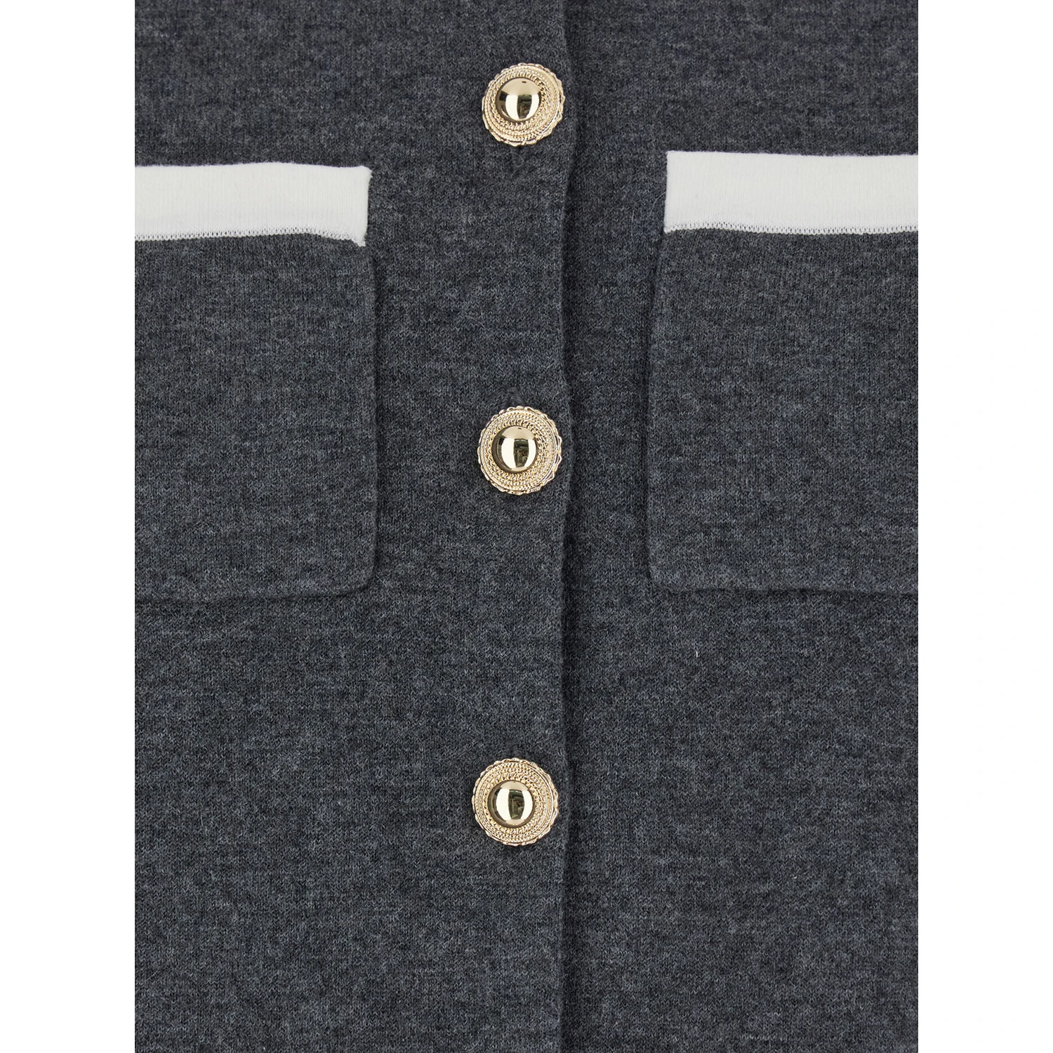Grey Cropped Cardigan with Contrasting Classic Collar and Two Front Patch Pockets in Wool Blend Woman