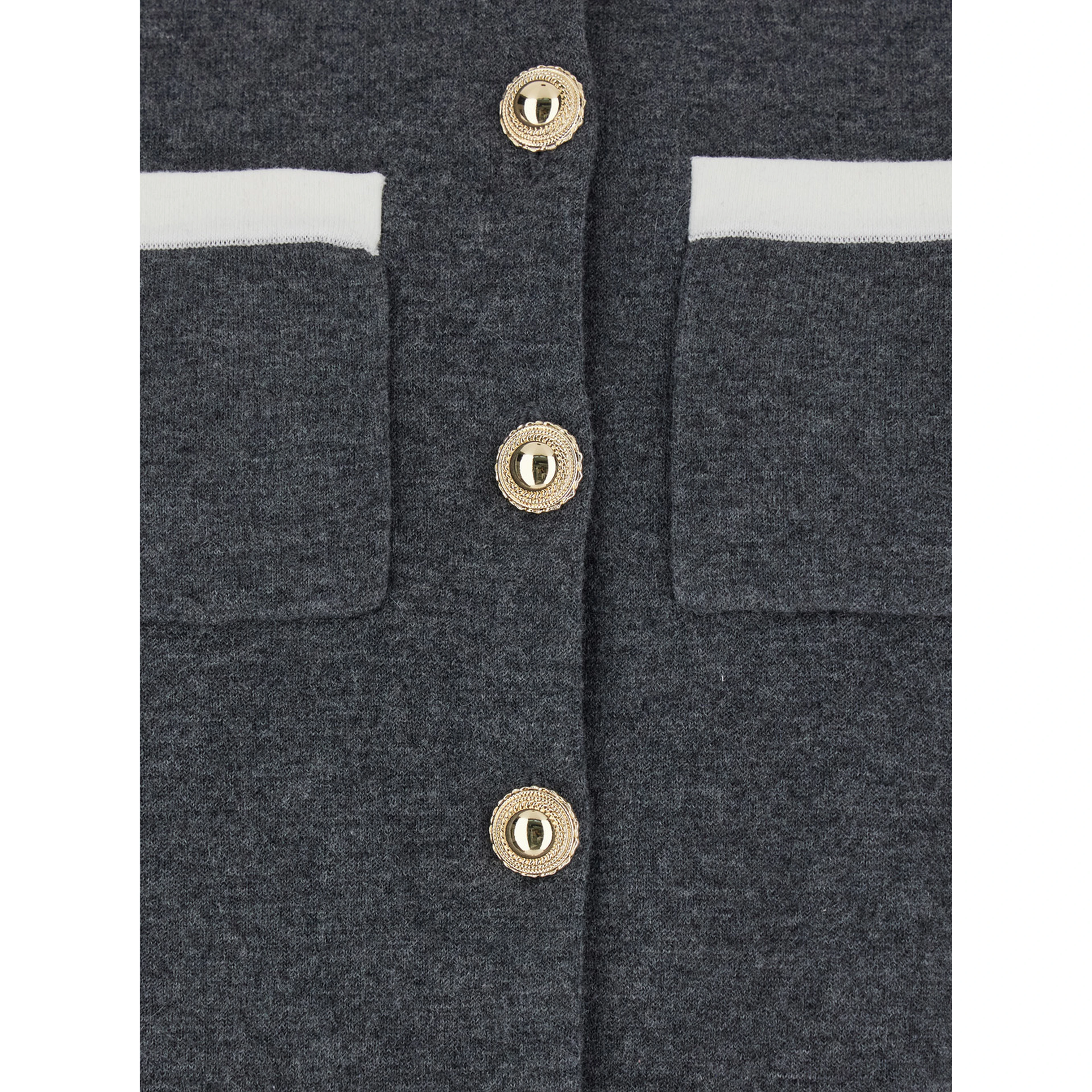 Grey Cropped Cardigan with Contrasting Classic Collar and Two Front Patch Pockets in Wool Blend Woman