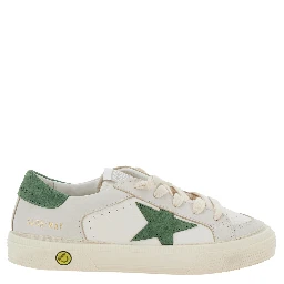 May White Low Top Sneakers with Star Patch on the Side and Contrasting Heel with Logo Lettering in Leather Boy