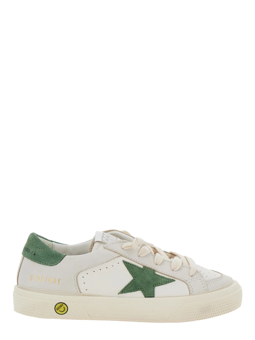 May White Low Top Sneakers with Star Patch on the Side and Contrasting Heel with Logo Lettering in Leather Boy