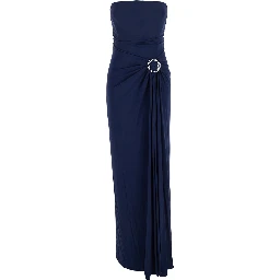 Emma Blue Strapless Long Dress with Ring Embellishment in Tech Fabric Stretch Woman