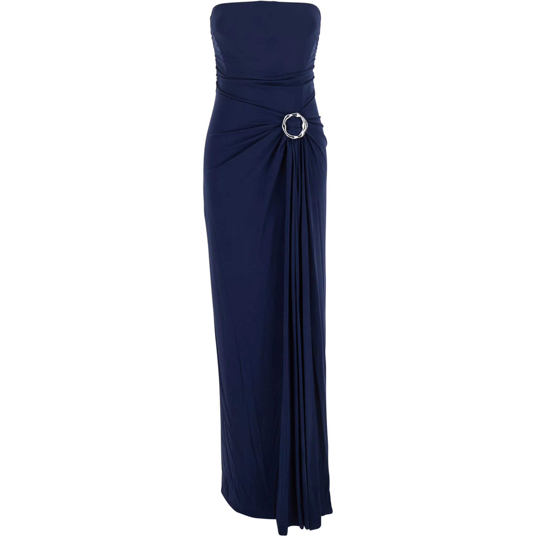 Emma Blue Strapless Long Dress with Ring Embellishment in Tech Fabric Stretch Woman
