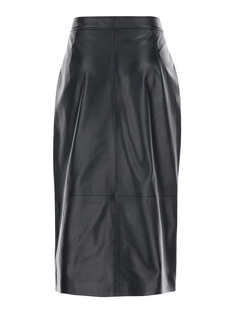 Midi Black Skirt with Front Slit in Leather Woman