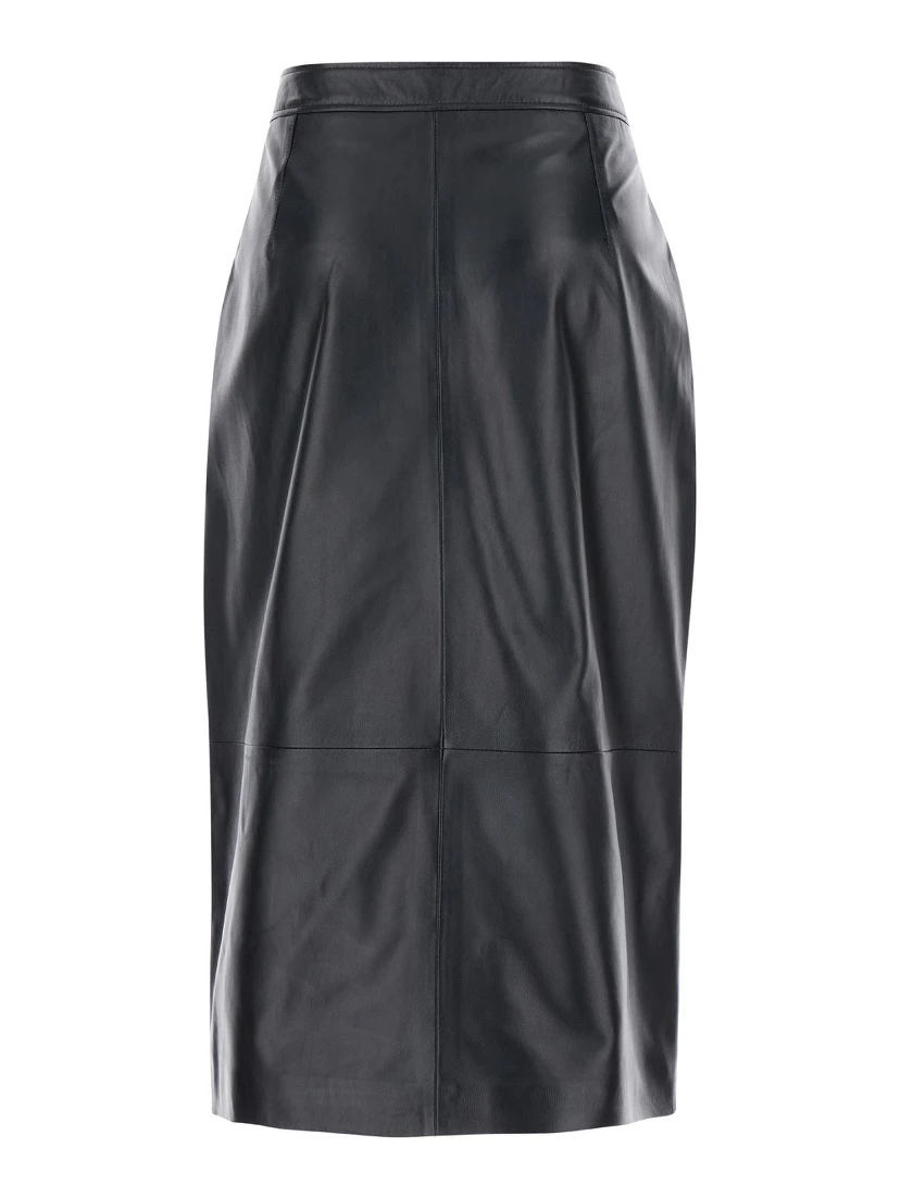 Midi Black Skirt with Front Slit in Leather Woman