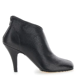 Black Ankle Boots with Square Toe and Thin Heel in Leather Woman