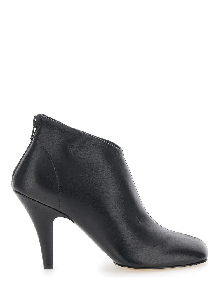 Black Ankle Boots with Square Toe and Thin Heel in Leather Woman