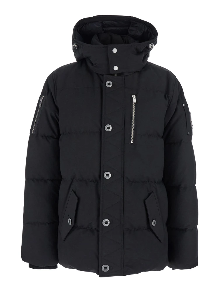 Forrestville Black Down Jacket with Fixed Hood and Logo Patch on the Sleeve in Cotton Blend Man