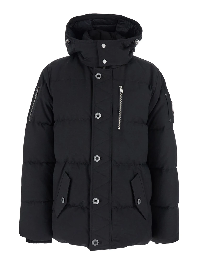 Forrestville Black Down Jacket with Fixed Hood and Logo Patch on the Sleeve in Cotton Blend Man