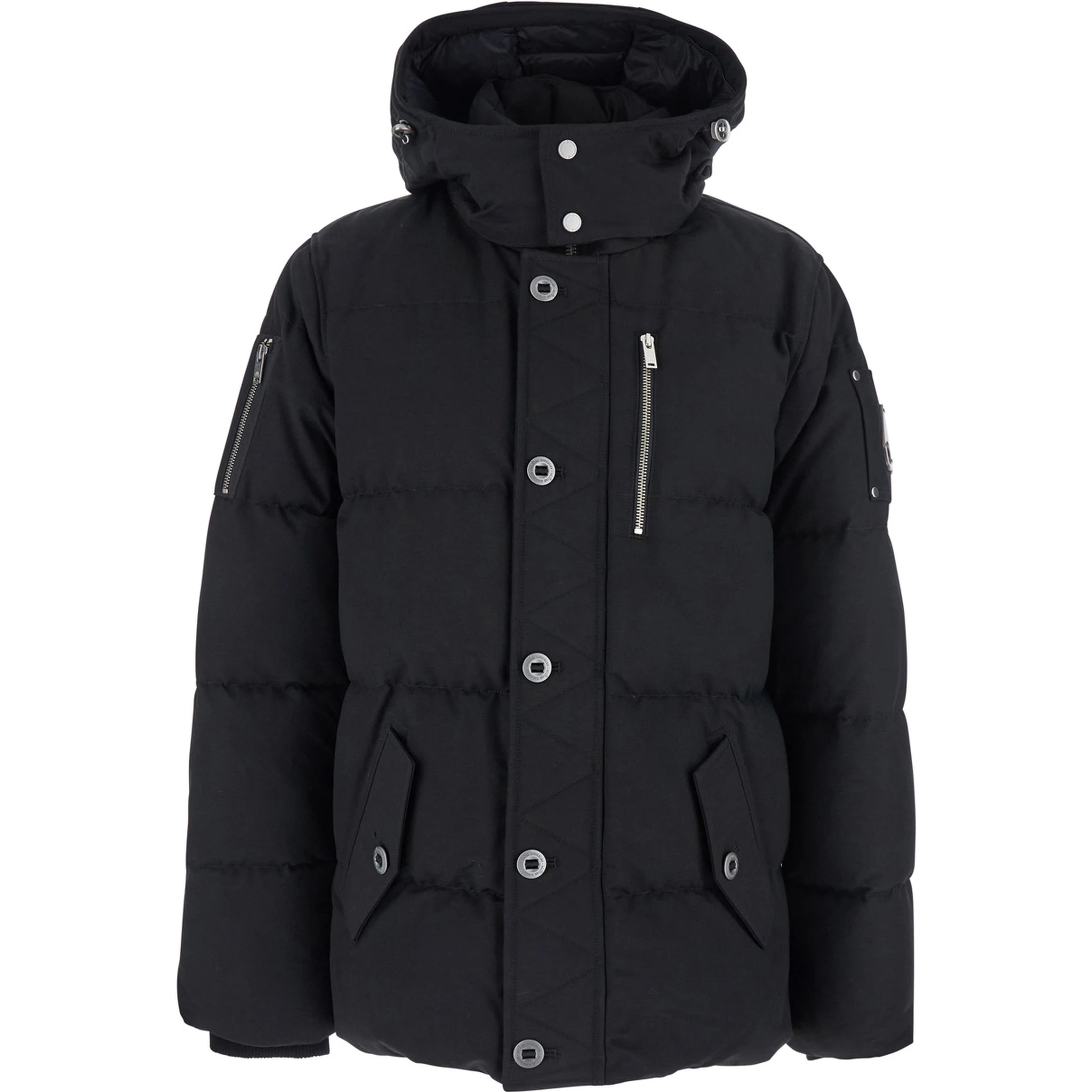 Forrestville Black Down Jacket with Fixed Hood and Logo Patch on the Sleeve in Cotton Blend Man