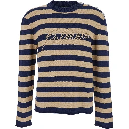 Blue Crewneck Sweater with Logo Lettering on the Front and All-Over Striped Motif in Wool Woman