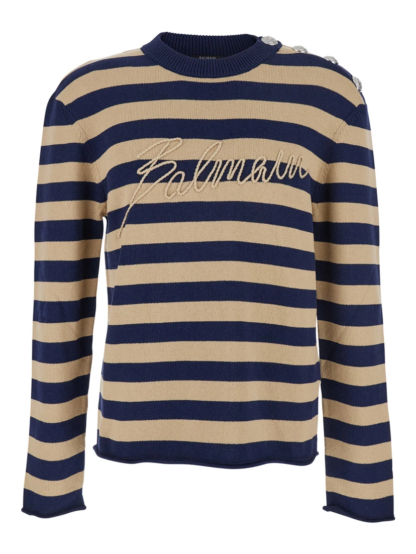 Blue Crewneck Sweater with Logo Lettering on the Front and All-Over Striped Motif in Wool Woman