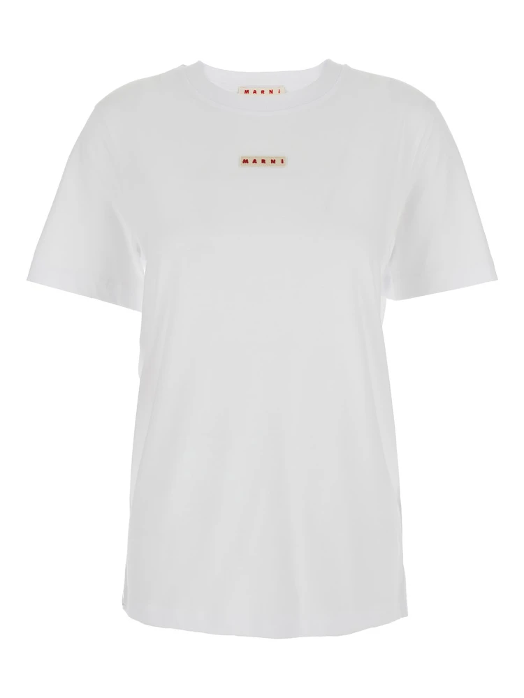 White Crewneck T-Shirt with Logo Patch on the Front in Cotton Woman