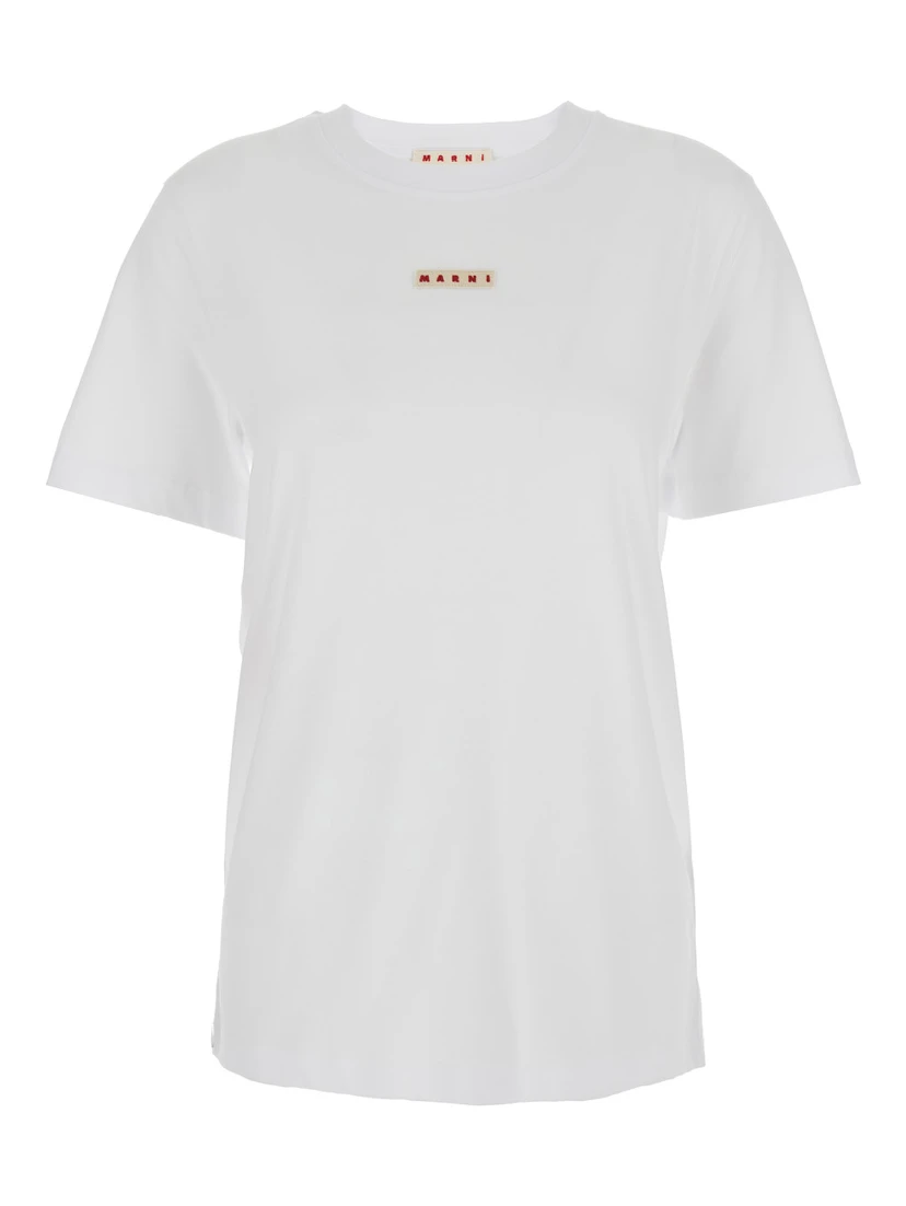 White Crewneck T-Shirt with Logo Patch on the Front in Cotton Woman