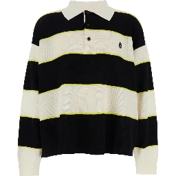 Black and White Long-Sleeve Polo Shirt with Logo Patch on the Front and All-Over Striped Motif in Cotton Blend Man