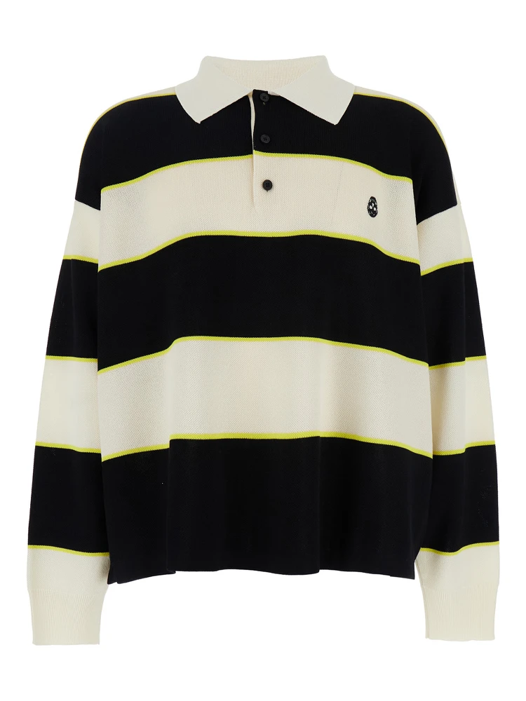 Black and White Long-Sleeve Polo Shirt with Logo Patch on the Front and All-Over Striped Motif in Cotton Blend Man