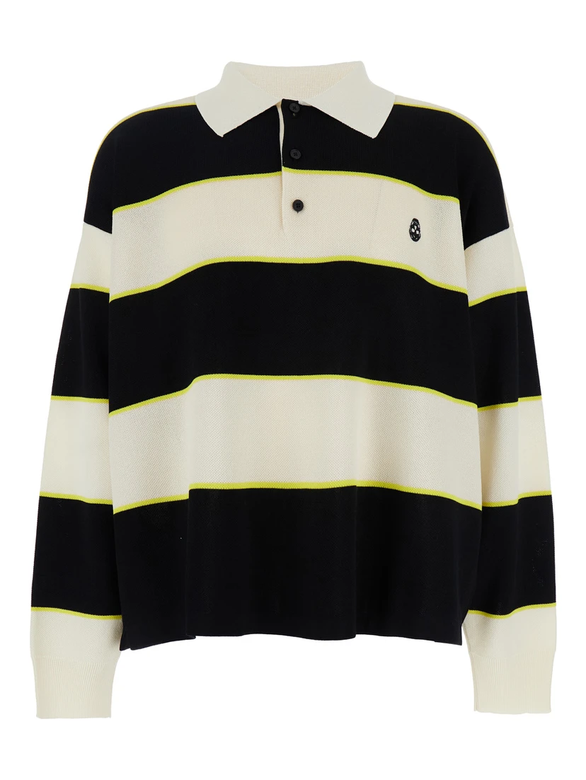 Black and White Long-Sleeve Polo Shirt with Logo Patch on the Front and All-Over Striped Motif in Cotton Blend Man