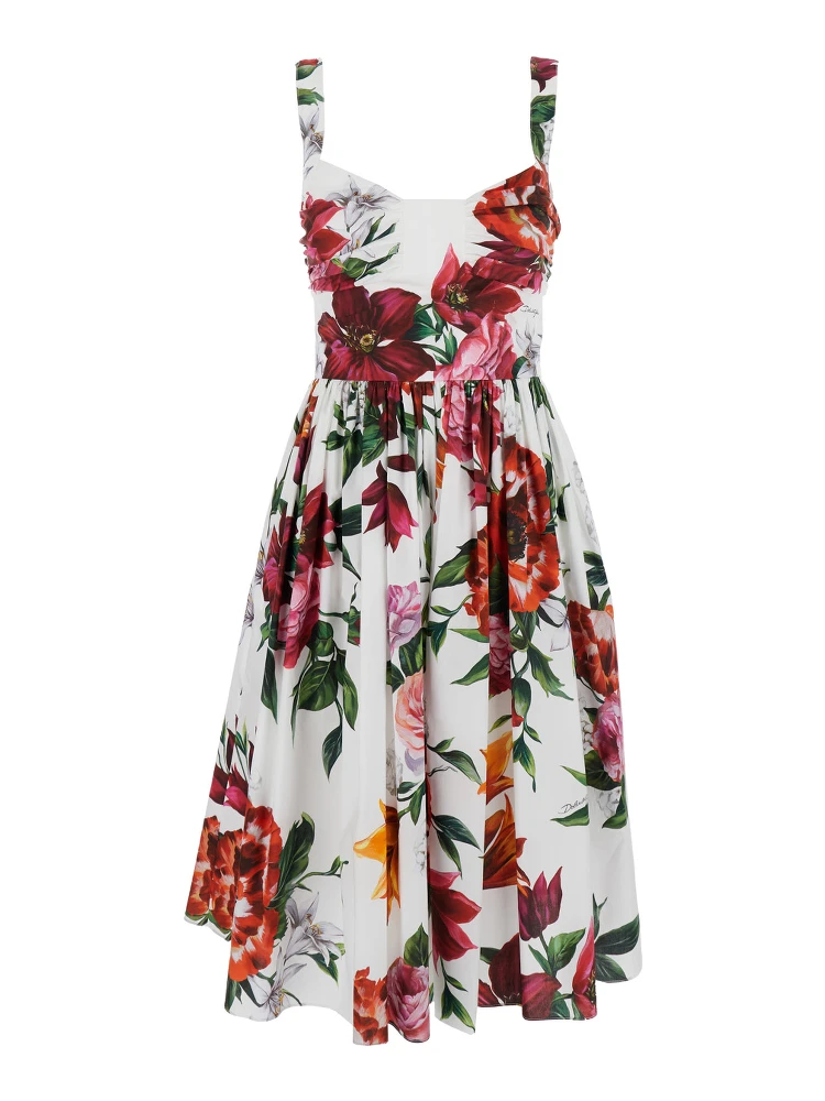 Multicolor Midi Dress with Wide Neckline and All-Over Floral Print in Cotton Woman
