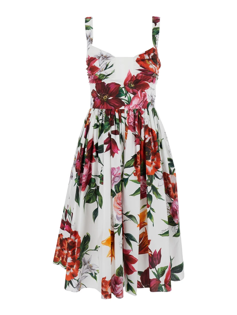 Multicolor Midi Dress with Wide Neckline and All-Over Floral Print in Cotton Woman