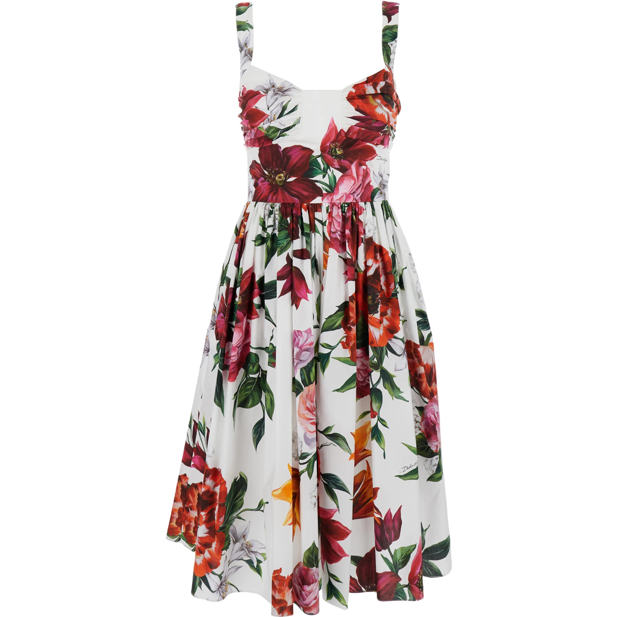 Multicolor Midi Dress with Wide Neckline and All-Over Floral Print in Cotton Woman