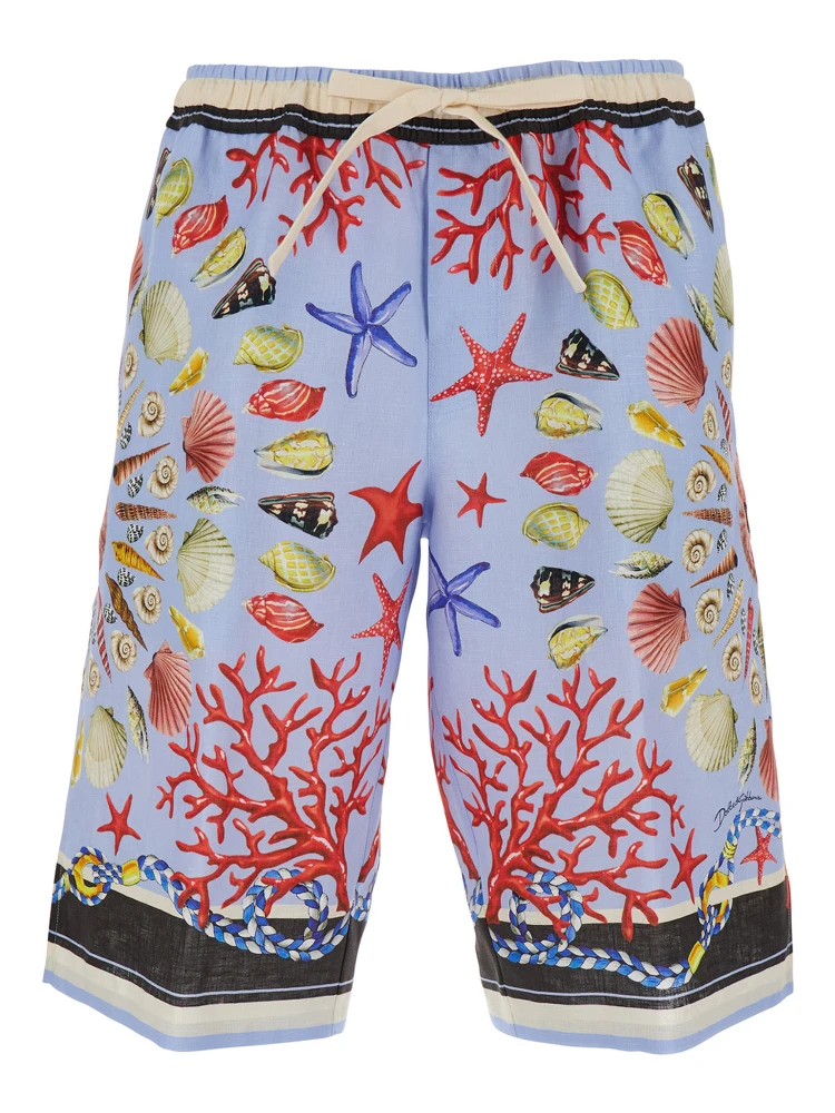 Multicolor Shorts with Elastic Drawstring and All-Over Print in Linen Man