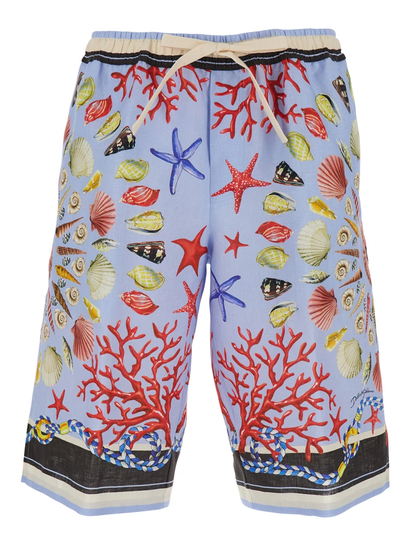 Multicolor Shorts with Elastic Drawstring and All-Over Print in Linen Man