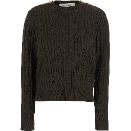 Brown Crewneck Sweater with Interwoven Design in Wool Woman