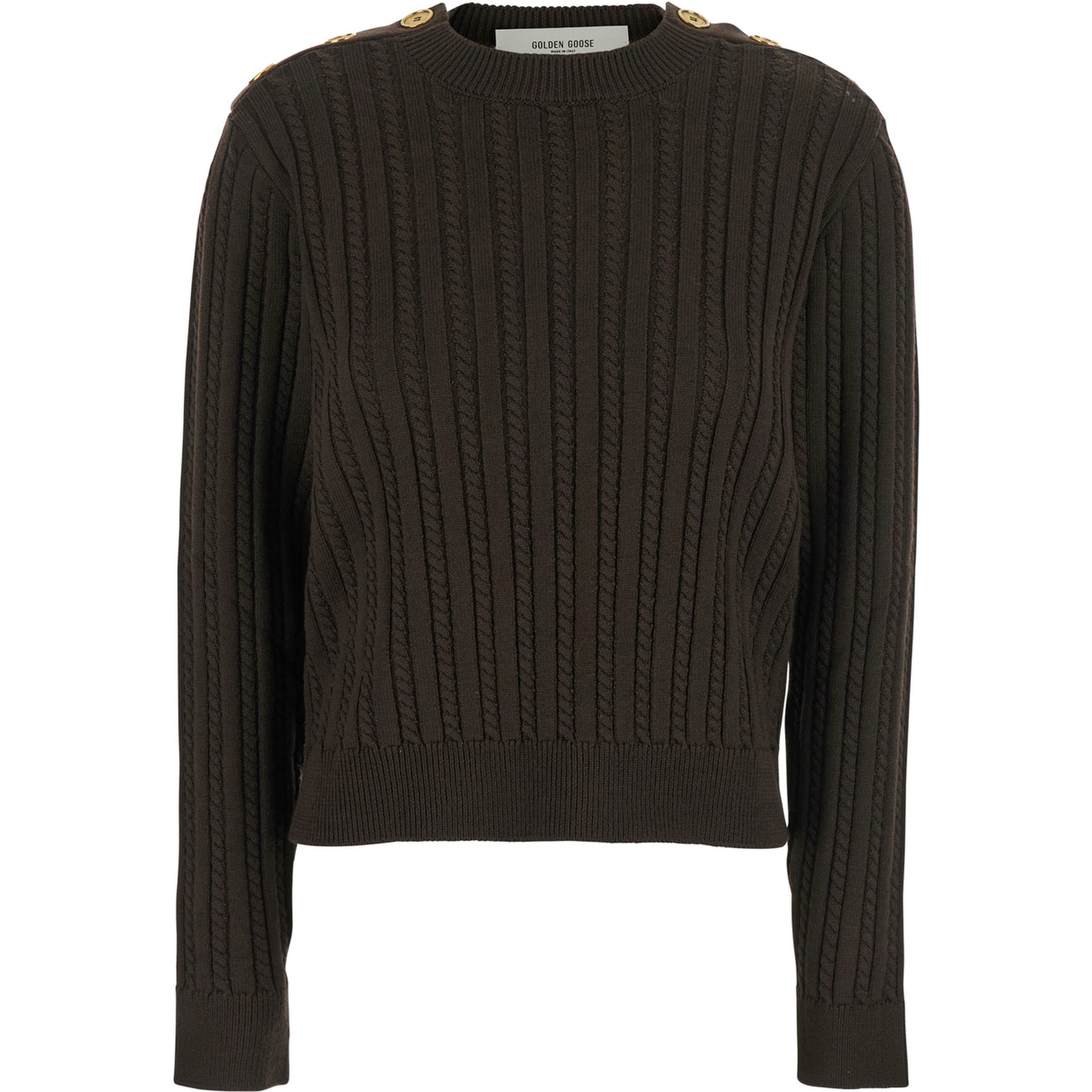 Brown Crewneck Sweater with Interwoven Design in Wool Woman