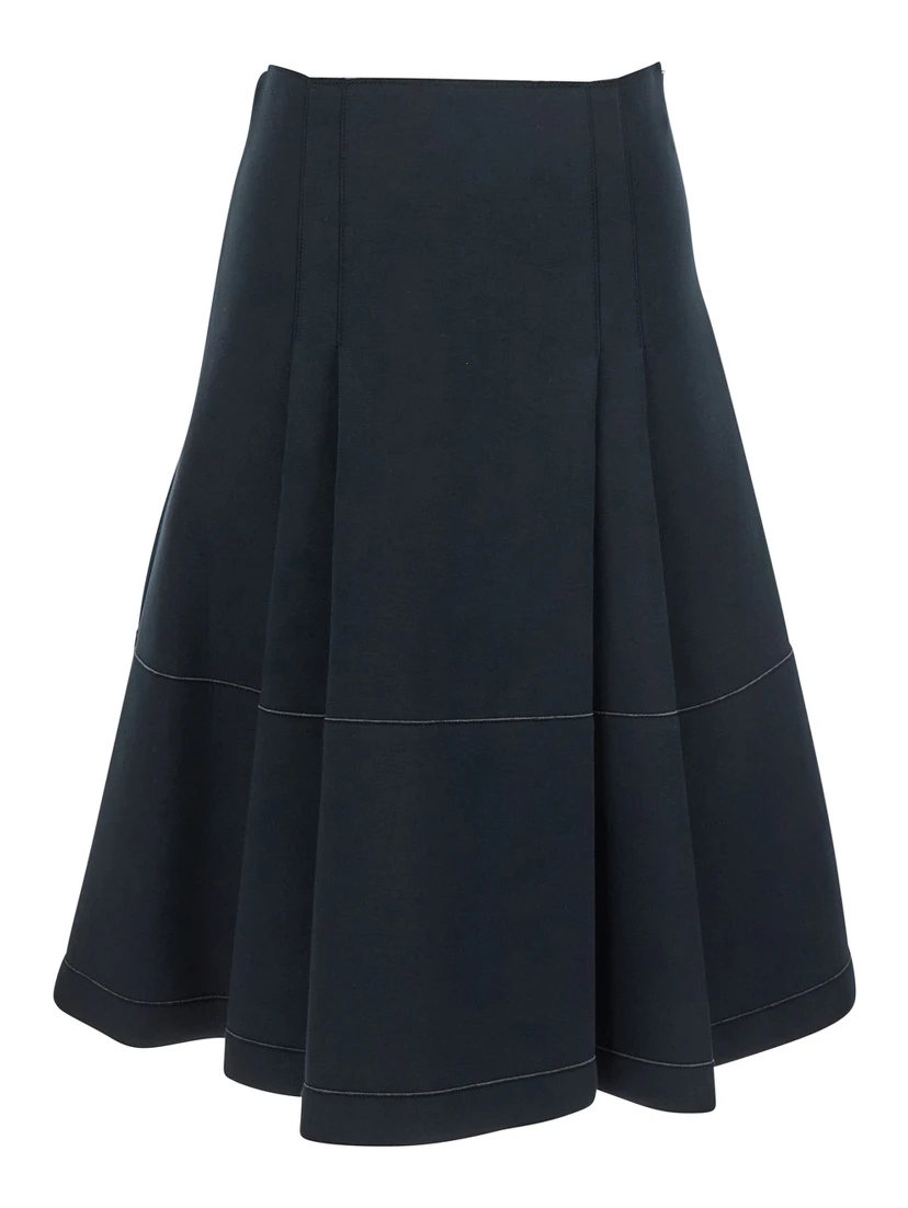 Black Pleated Midi Skirt with Concealed Side Zip Closure and Logo Patch on the Rear in Cotton Stretch Woman