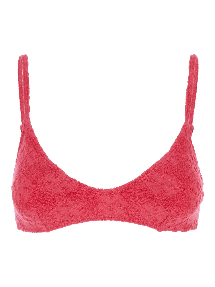 Terry Pink Bikini Top with Adjustable Spaghetti Straps and All-Over Logo Embroidery in Cotton Blend Stretch Woman