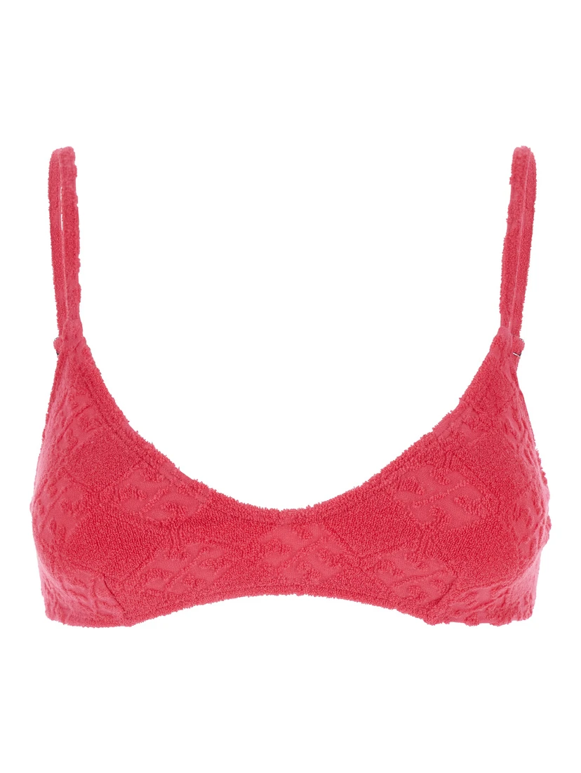 Terry Pink Bikini Top with Adjustable Spaghetti Straps and All-Over Logo Embroidery in Cotton Blend Stretch Woman