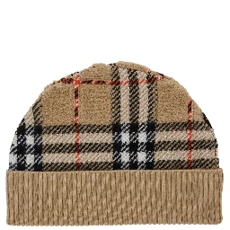 Beige Beanie with Check Motif and Ribbed Brim in Wool Boy