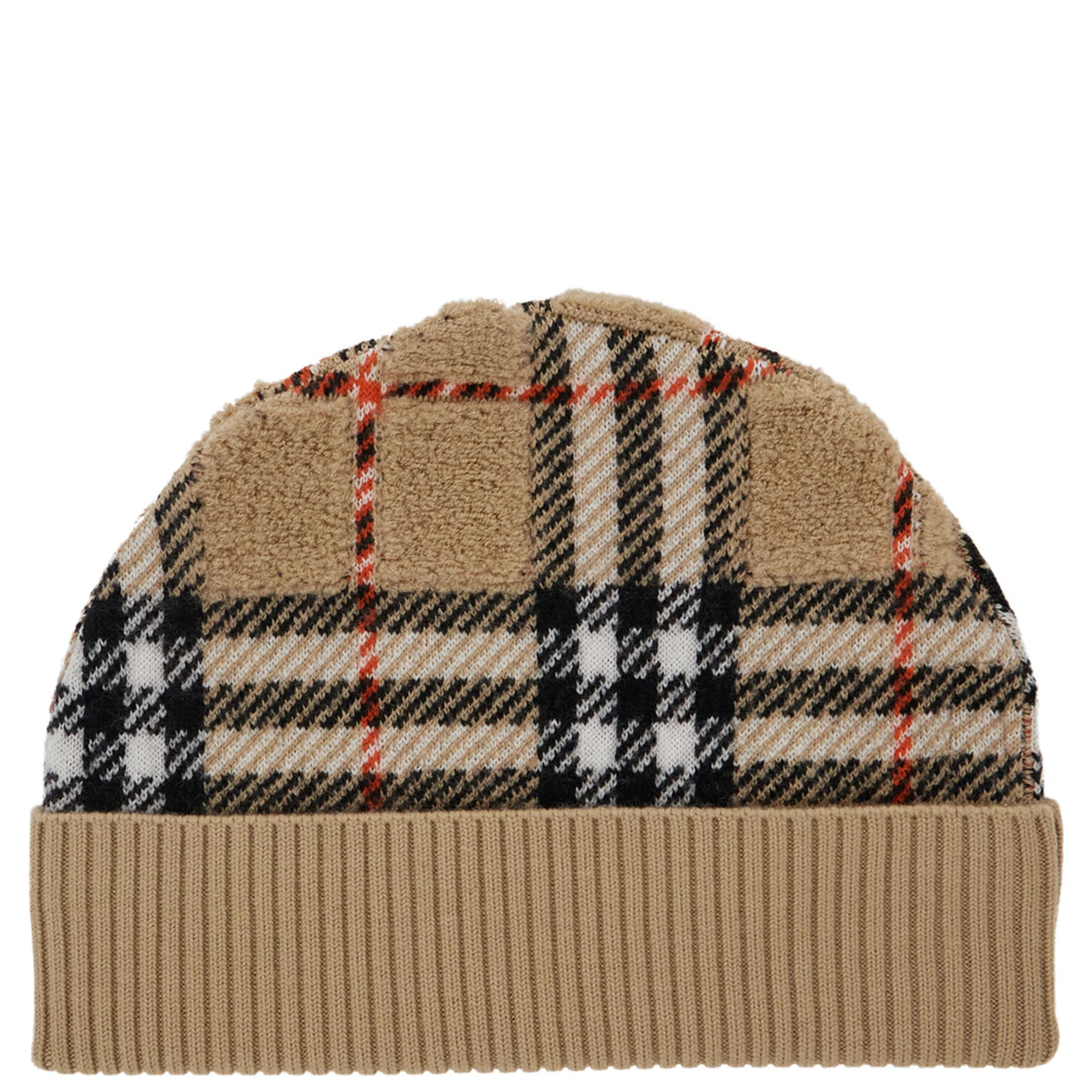 Beige Beanie with Check Motif and Ribbed Brim in Wool Boy